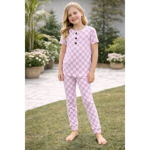 GIGI AND MAX Girls Pajama Set Pink Check Bamboo Size 6/7 Pullover Long Sleeve